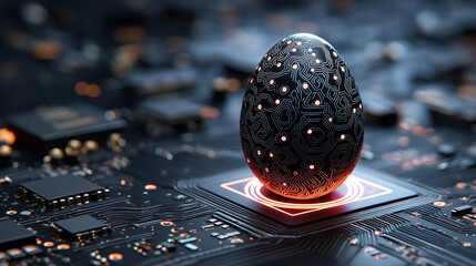 Easter black egg sits on a glowing black computer circuit board, neon highlights, futuristic digital art, cyberpunk style, ultra-detailed,  high-tech atmosphere, mysterious and festive 