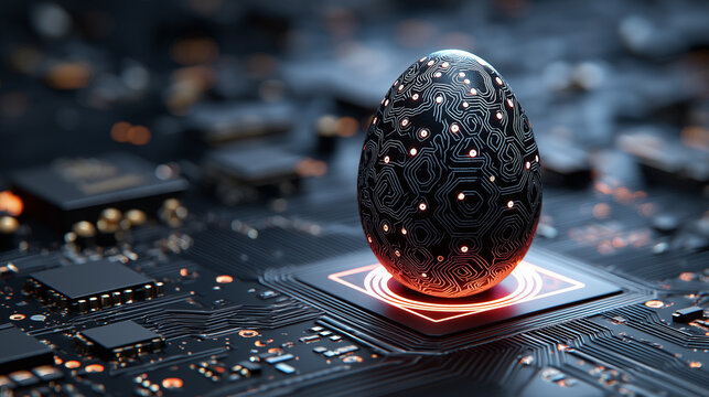 Easter black egg sits on a glowing black computer circuit board, neon highlights, futuristic digital art, cyberpunk style, ultra-detailed,  high-tech atmosphere, mysterious and festive 