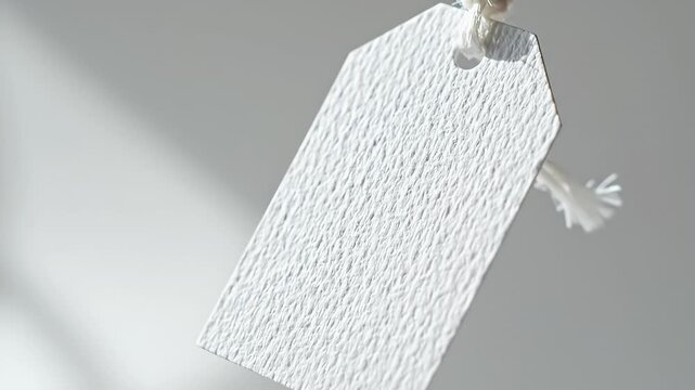 Close-up of a blank white paper tag suspended by frayed string with knotted twine and soft backlight