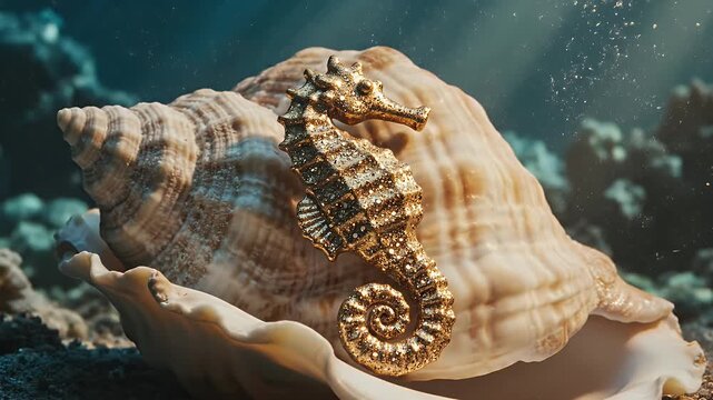Close-up of a Detailed Ocean Conch Shell Resting on Sandy Seafloor With Sunlight Filtering Through Clear Water