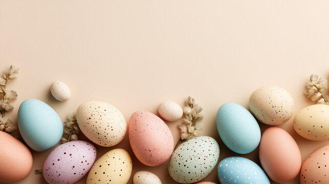Easter eggs on a light creamy background with a blank space for text, soft pastel colors, festive spring theme, smooth shadows, minimal composition, elegant and cheerful arrangement, high resolution, 