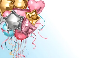 Fototapeta premium Festive Heart and Star Balloon Bouquet on Soft Blue Background with Copy Space for Celebration Design 