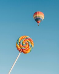 Colorful Lollipop Against Blue Sky with Hot Air Balloon Floating in Background Minimal Concept
