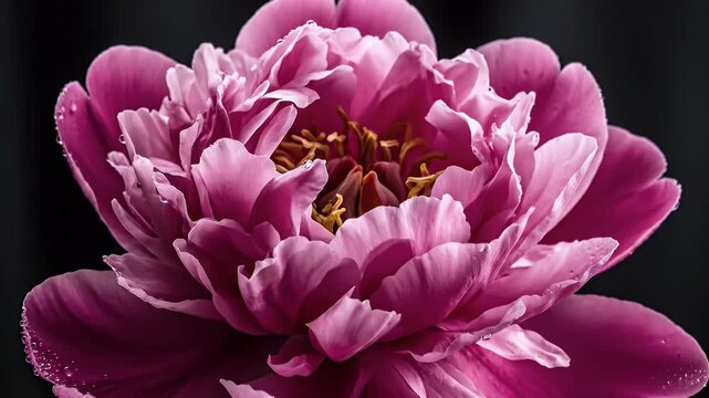 Close-up of a purple-pink peony bud adorned with dew droplets against a dark backdrop
