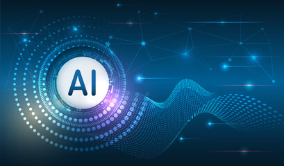 Naklejka na ściany i meble Artificial intelligence concept with AI icon, digital network, data wave and glowing particles on blue background, symbolizing machine learning, neural networks, innovation and future technology.