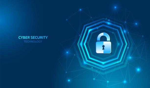 Cyber security concept with glowing padlock inside digital hexagon and network connections on blue background, symbolizing data protection, privacy, encryption, and secure technology systems.