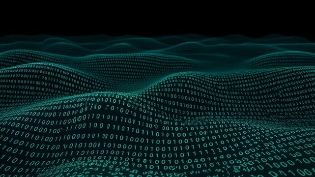 Binary code waves flowing across dark digital landscape. Seamless loop of glowing teal numbers.