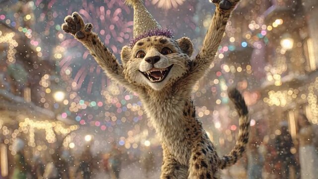 A leopard character, in party attire and a hat, celebrates multiple festivals Christmas, New Years Eve, Chinese New Year against a festive backdrop of sparkles, confetti, and colored - AI-Generated