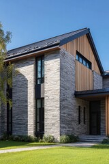 Modern house with stone and wood exterior located in a suburban area on a sunny day, showcasing the architecture and landscaping details