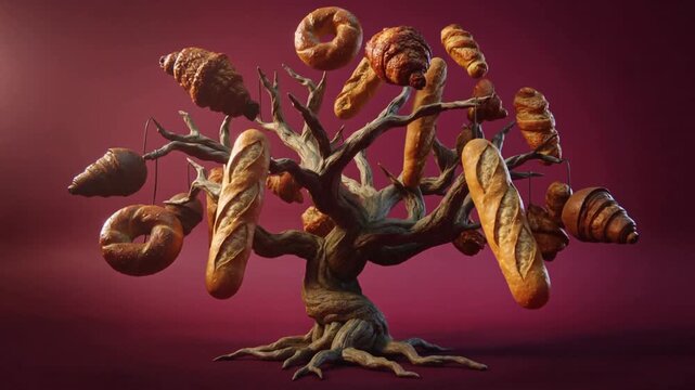 Artistic growth of surreal tree bearing various bakery products. Lockdown shot of bread and pastries appearing on branches against purple background.