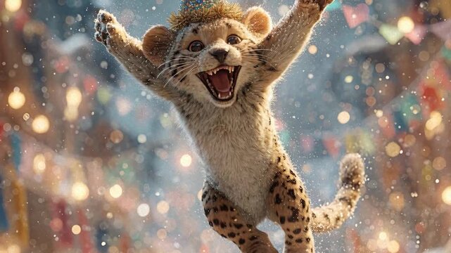 Animated leopard character in party hat, mid-air leap amidst falling confetti and sparkles during multi-cultural holiday celebrations Christmas, New Years Eve, Chinese New Year Brig - AI-Generated
