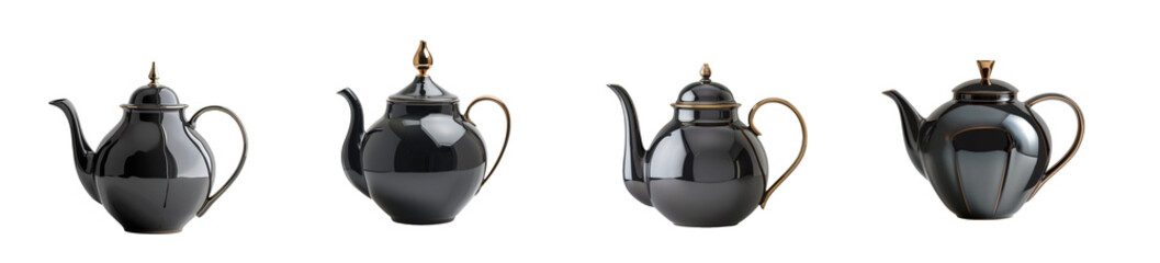 Fototapeta premium Elegant Black Teapots: Classic Design for Brewing, Shiny Porcelain Kitchenware isolated on transparent background