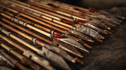Fototapeta premium Close up of traditional metal arrowheads with wooden shafts, historical archery weapons arranged on dark surface, medieval craftsmanship concept 