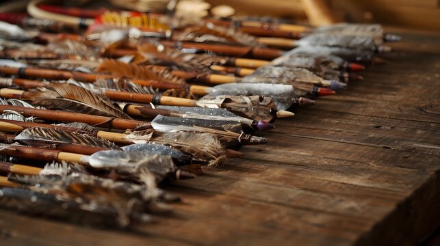 Close up of traditional metal arrowheads with wooden shafts, historical archery weapons arranged on dark surface, medieval craftsmanship concept
