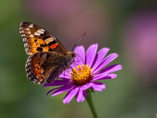 Fototapeta premium Butterfly resting on purple flower in soft natural light, detailed macro wildlife photography showing pollination and spring garden beauty 