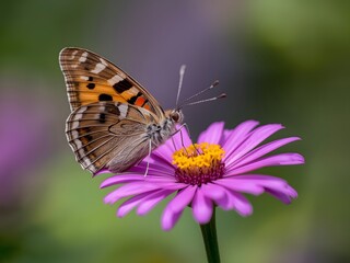 Fototapeta premium Butterfly resting on purple flower in soft natural light, detailed macro wildlife photography showing pollination and spring garden beauty 