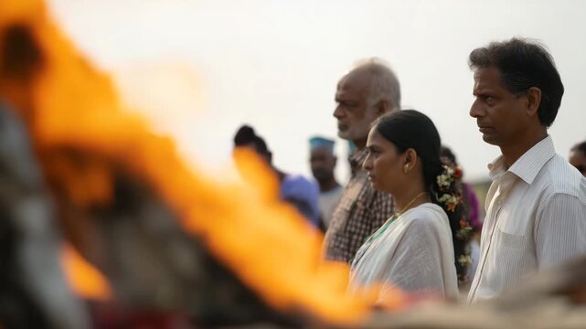 Hindu funeral, family togetherness, cremation ceremony, Indian tradition, mourning family  4K