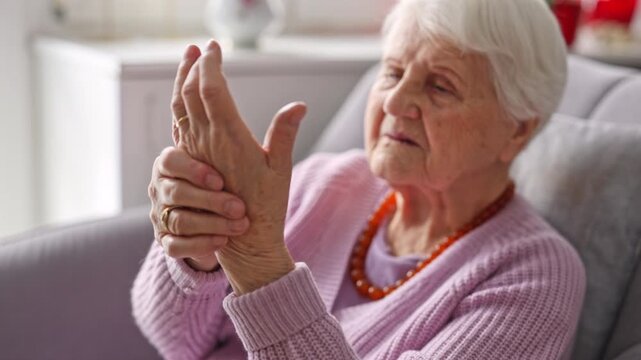 Senior woman suffering from pain in her hand
