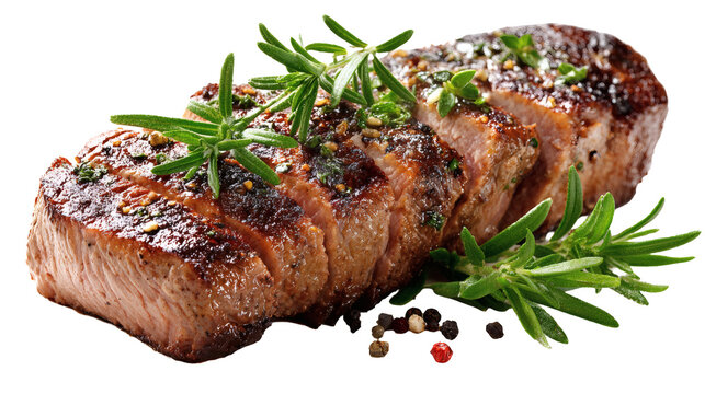 Grilled steak with herbs, American dinner food, isolated on a white background