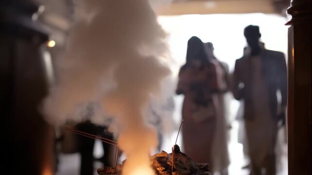 Hindu funeral pyre ceremony with smoke rising steadily as priests  4K