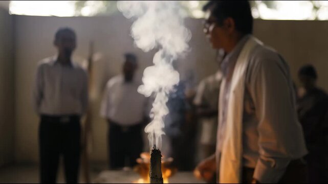  Hindu funeral pyre ceremony with smoke rising steadily as priests conduct last riteScience teacher demonstrating chemical experiment in classroom with smoke reaction