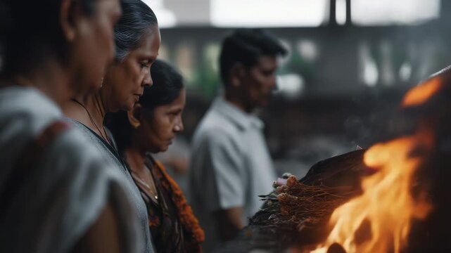 quiet moment during a Hindu funeral pyre ceremony, family members standing motion, emotional, somber, remembrance, togetherness