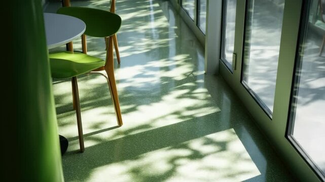 photo of sunlight pattern on caf&eacute; floor through glass wall, white and green minimal composition