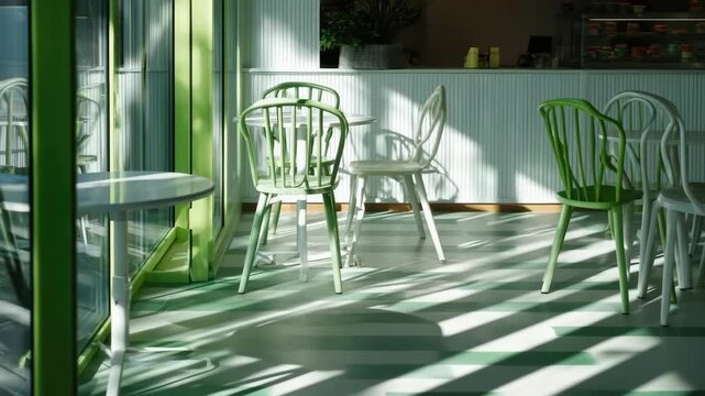 photo of sunlight pattern on caf&eacute; floor through glass wall, white and green minimal composition