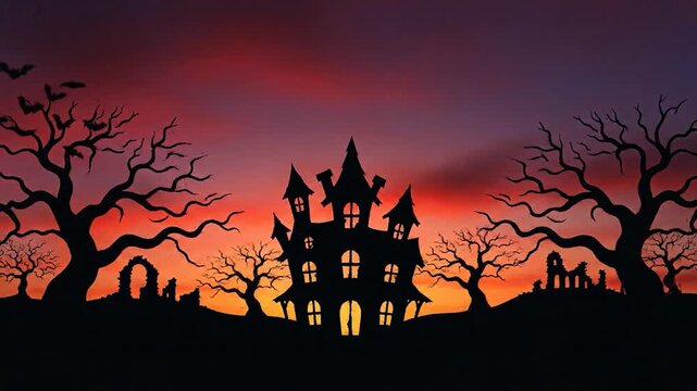 Spooky Halloween Haunted House Silhouette with Bats and Trees.