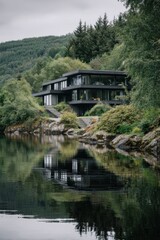 Obraz premium A contemporary house sits elegantly beside tranquil waters, enveloped by lush greenery and gentle hills in a serene, overcast landscape