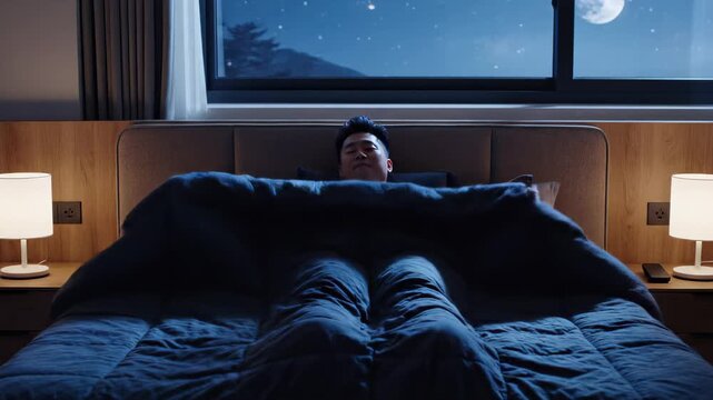 Asian man in smart home turning off lights with voice control and preparing to sleep in cozy bedroom at night. Concept of smart home automation, voice assistant, bedtime routine