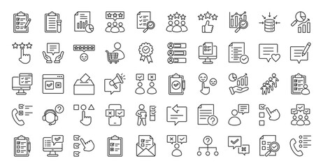 survey icon set outline contains questionnaire, poll, assessment, campaign, population, vote, answer, participant, correspondence, crm, customer service, client support, complete, summary