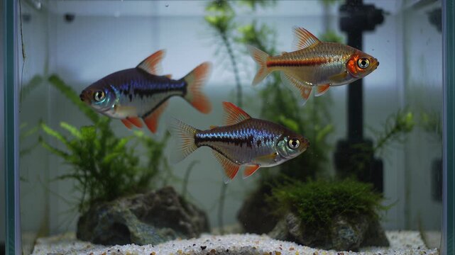 Aquarium fish swimming in a small tank with sand and green aquatic plants, a lively freshwater habitat for pet care