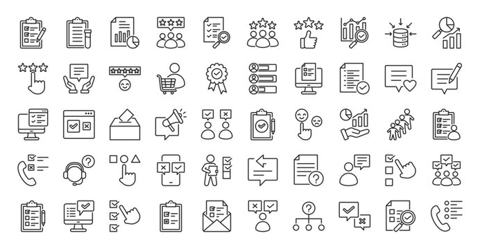 survey icon set outline contains questionnaire, poll, assessment, campaign, population, vote, answer, participant, correspondence, crm, customer service, client support, complete, summary