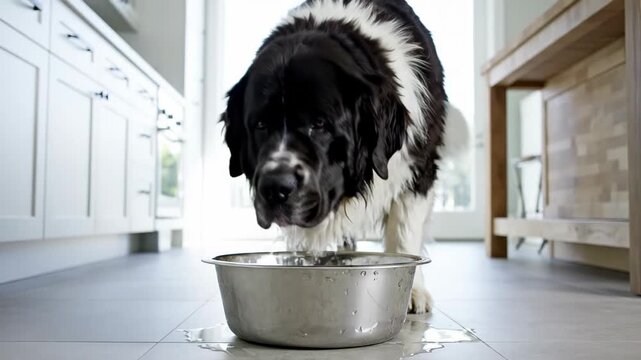 A large black and white dog drinking water from a bowl, spilling some drops on the kitchen floor. Pet hydration and animal care concept