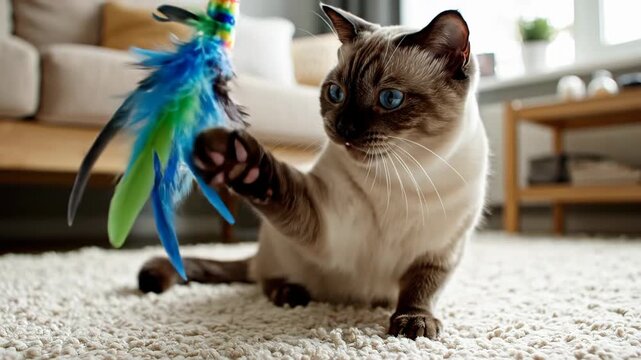 Playful siamese kitten with blue eyes paws at a colorful feather toy on a beige carpet indoors for pet entertainment concept