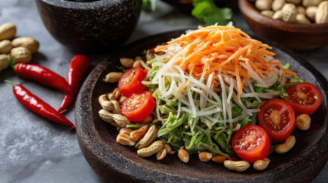 A healthy plate of fresh vegetable salad and fried rice with vegetables and meat ready for lunch or dinner