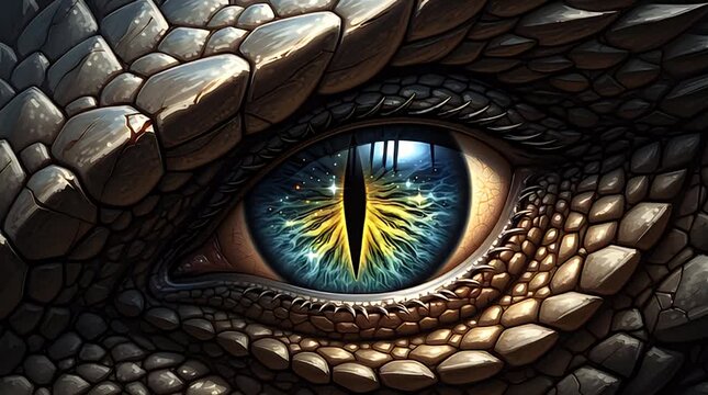 Detailed illustration of a mystical dragon eye with cosmic patterns in the iris