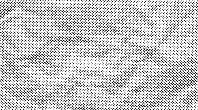 Halftone crumpled paper texture. White dotted rough and wrinkled surface. Black creased sheet background in comic pop-art style. Grainy folds and gritty distressed details for retro vector design.