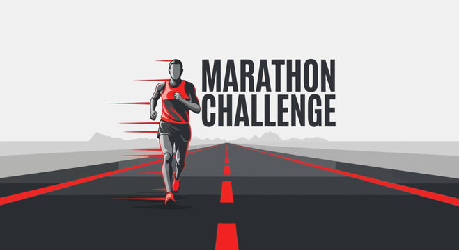 Athletic Marathon Runner On Road With Motivational Speed Lines And Mountains In Background