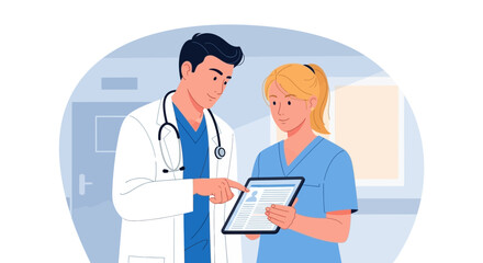 Obraz premium Medical professionals, a doctor and a nurse, discuss patient information on a digital tablet within a hospital or clinic setting, highlighting modern healthcare technology.