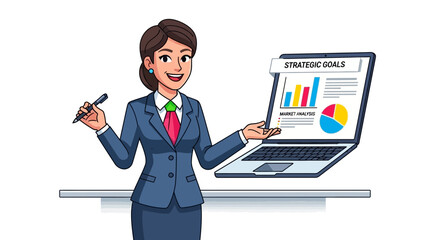 Businesswomen working on laptop in office with technology and communication icons cartoon vector illustration