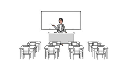 Fototapeta premium Teacher stands at a podium in a classroom with empty desks and chairs, pointing towards a blank whiteboard, ready to begin a lesson or present information.