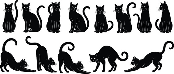 Black cat silhouette set featuring elegant feline poses sitting and stretching, ideal for Halloween graphics, pet logos, cute mascot designs, and vector clipart. © Arman's World