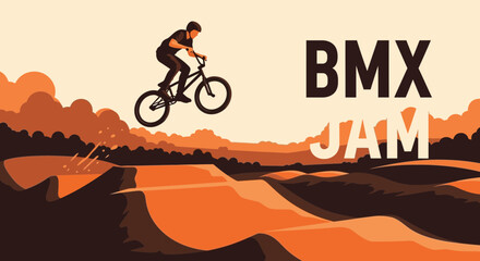 Naklejka premium BMX Action Amidst an Ornate Landscape Depicting Thrilling Aerial BMX Stunts
