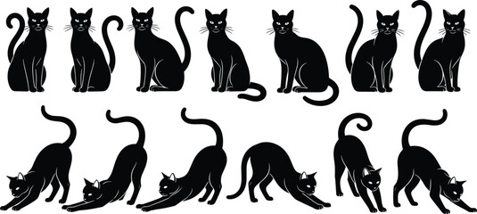 Black cat silhouette collection featuring elegant feline poses sitting and stretching, perfect for Halloween designs, pet logos, cute mascot art, and vector clipart © Arman's World