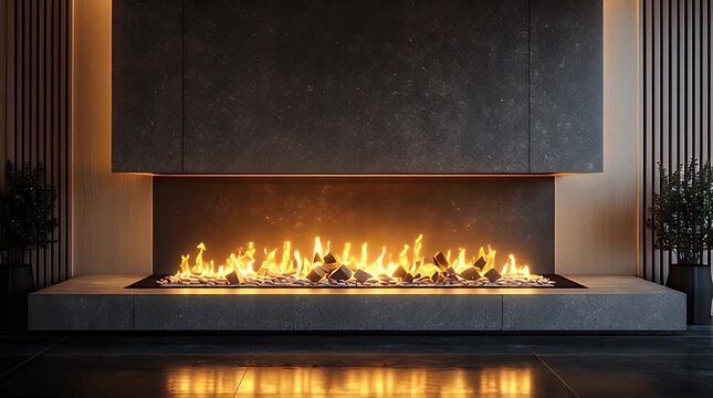 Cozy modern living room ambiance with electric fireplace and warm glowing flames