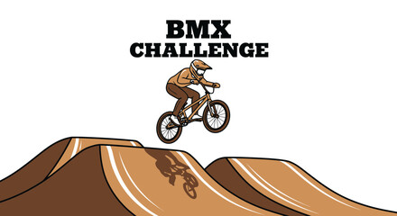 Fototapeta premium BMX Rider Performing Stunt Jumping Over Dirt Ramps Against a Pure White Backdrop