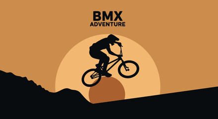 Fototapeta premium BMX Rider Silhouette Performing Action, Dynamic Composition Against Sunset Colors