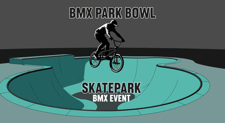 Fototapeta premium BMX Rider Performing Stunts Inside Skatepark Bowl, Silhouette Style, Extreme Sports